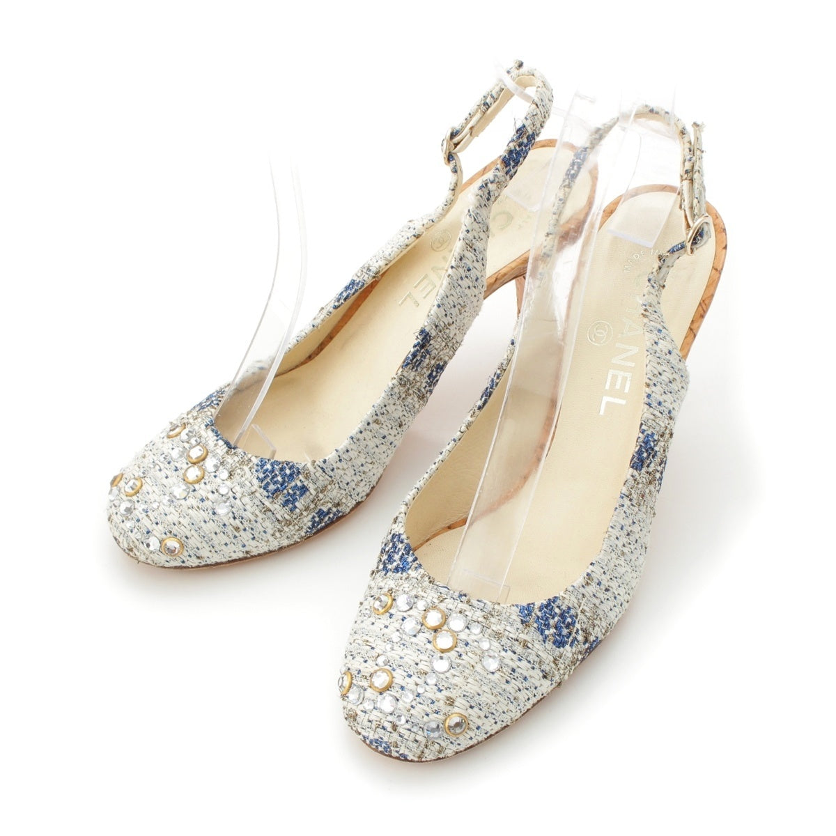 CHANEL tweed COCO Mark rhinestone slingbacks pumps shoes White blue 37