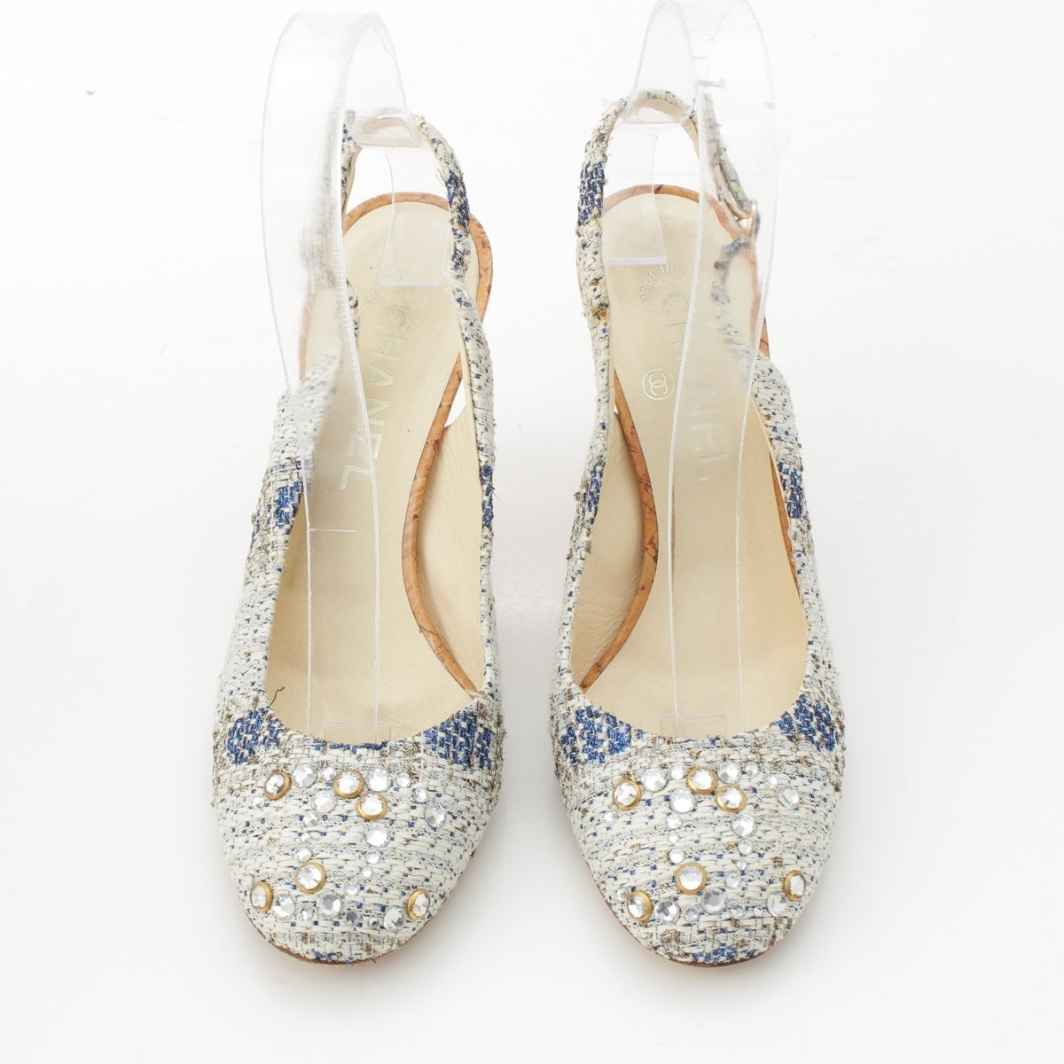 CHANEL tweed COCO Mark rhinestone slingbacks pumps shoes White blue 37