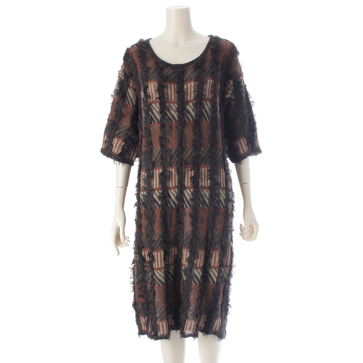 ISSEY MIYAKE All Style Fringe all-over pattern long one piece dress Brown