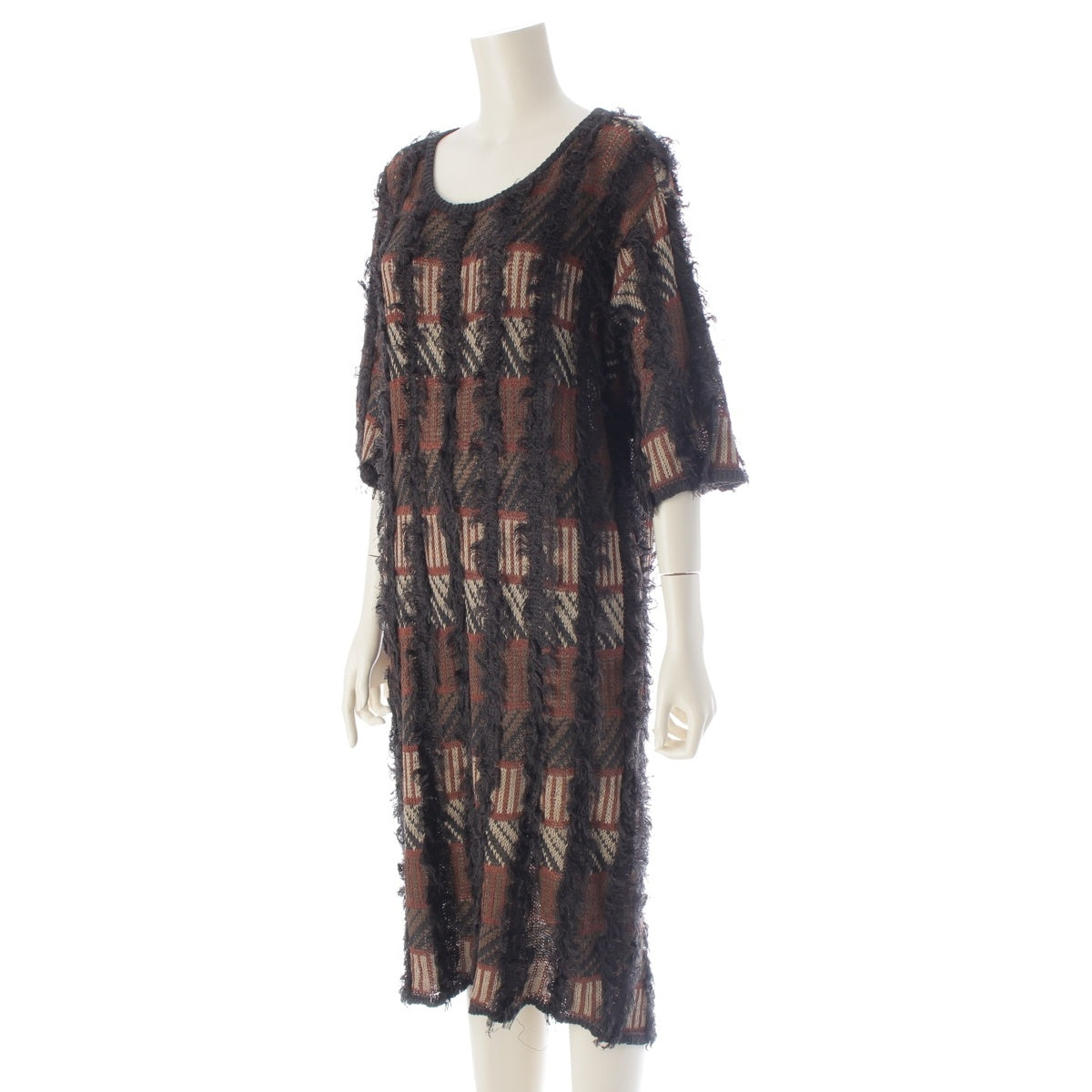 ISSEY MIYAKE All Style Fringe all-over pattern long one piece dress Brown