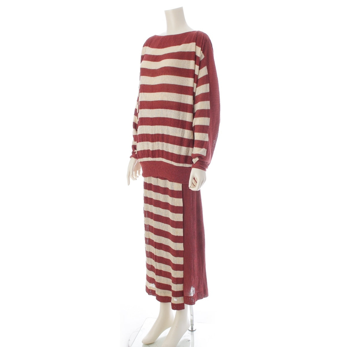 ISSEY MIYAKE All Style Linen mixed Striped Knit Long Skirt setup Beige Burgundy F