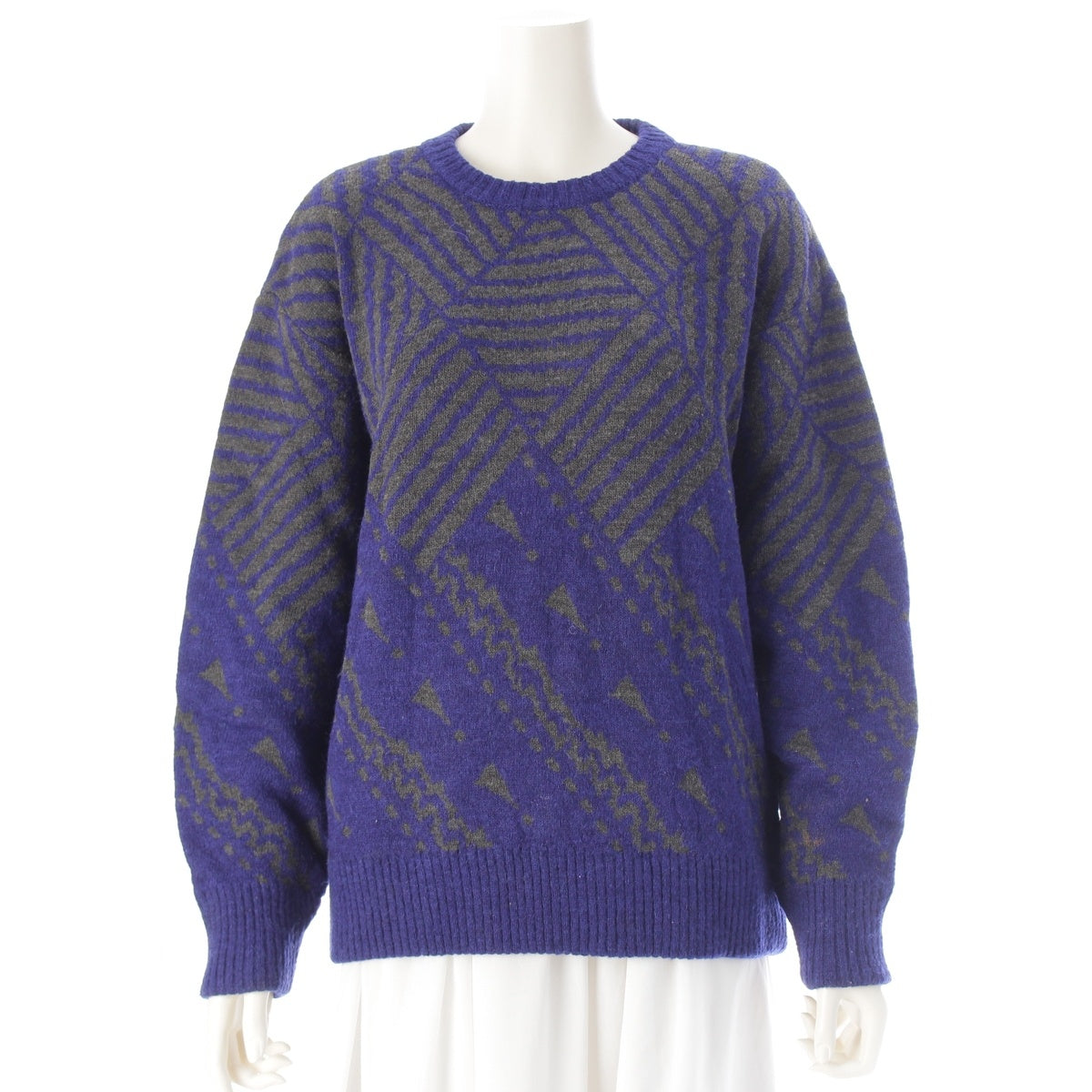 ISSEY MIYAKE wool All-style all-over print crew neck knit sweater blue