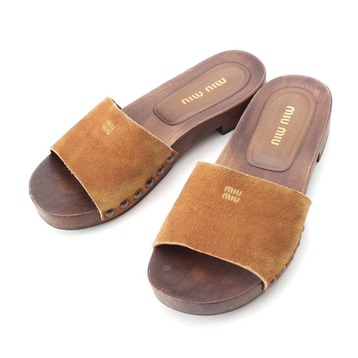 MIUMIU Suede Wood Logo vintage clogs Sandals 5Z425E Brown