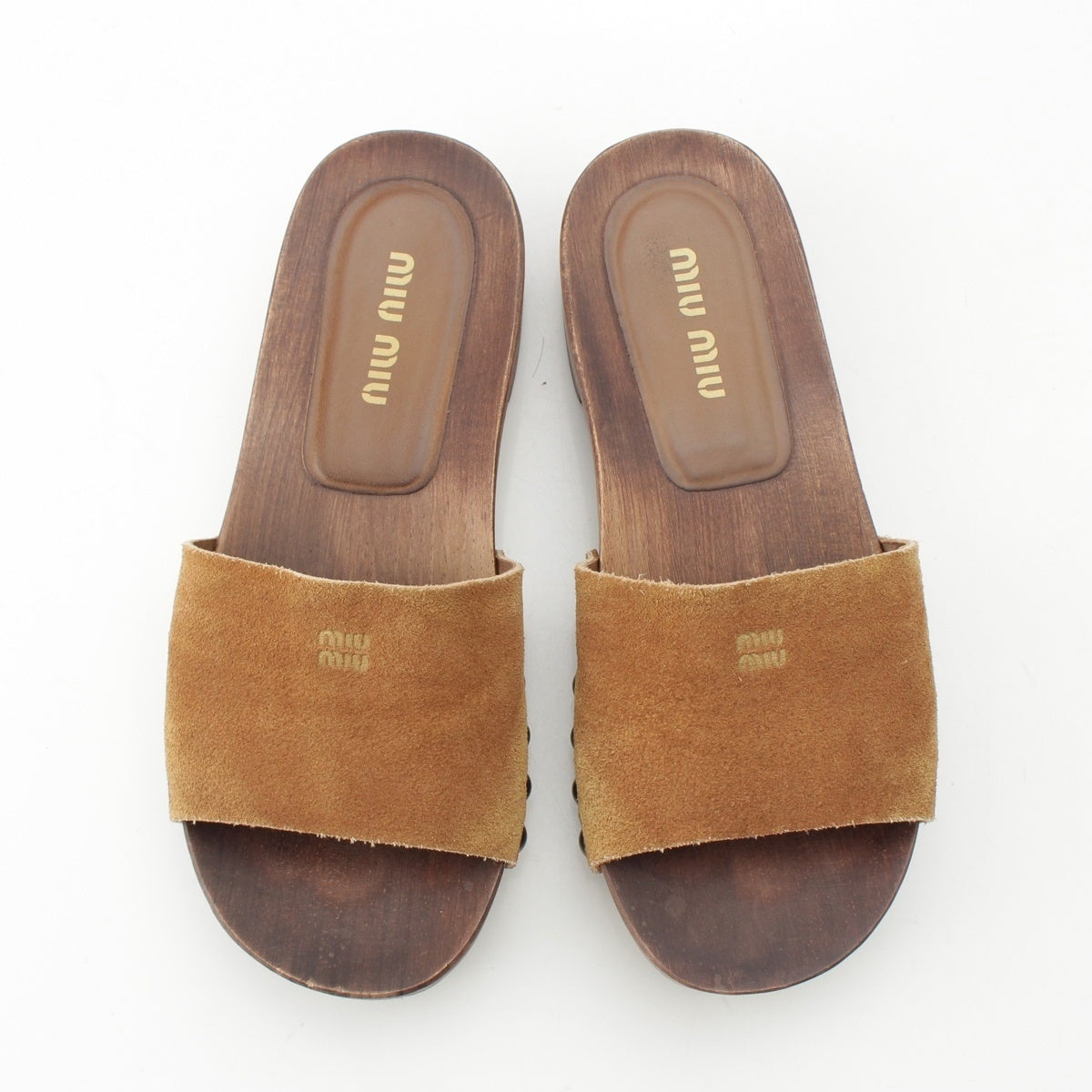MIUMIU Suede Wood Logo vintage clogs Sandals 5Z425E Brown