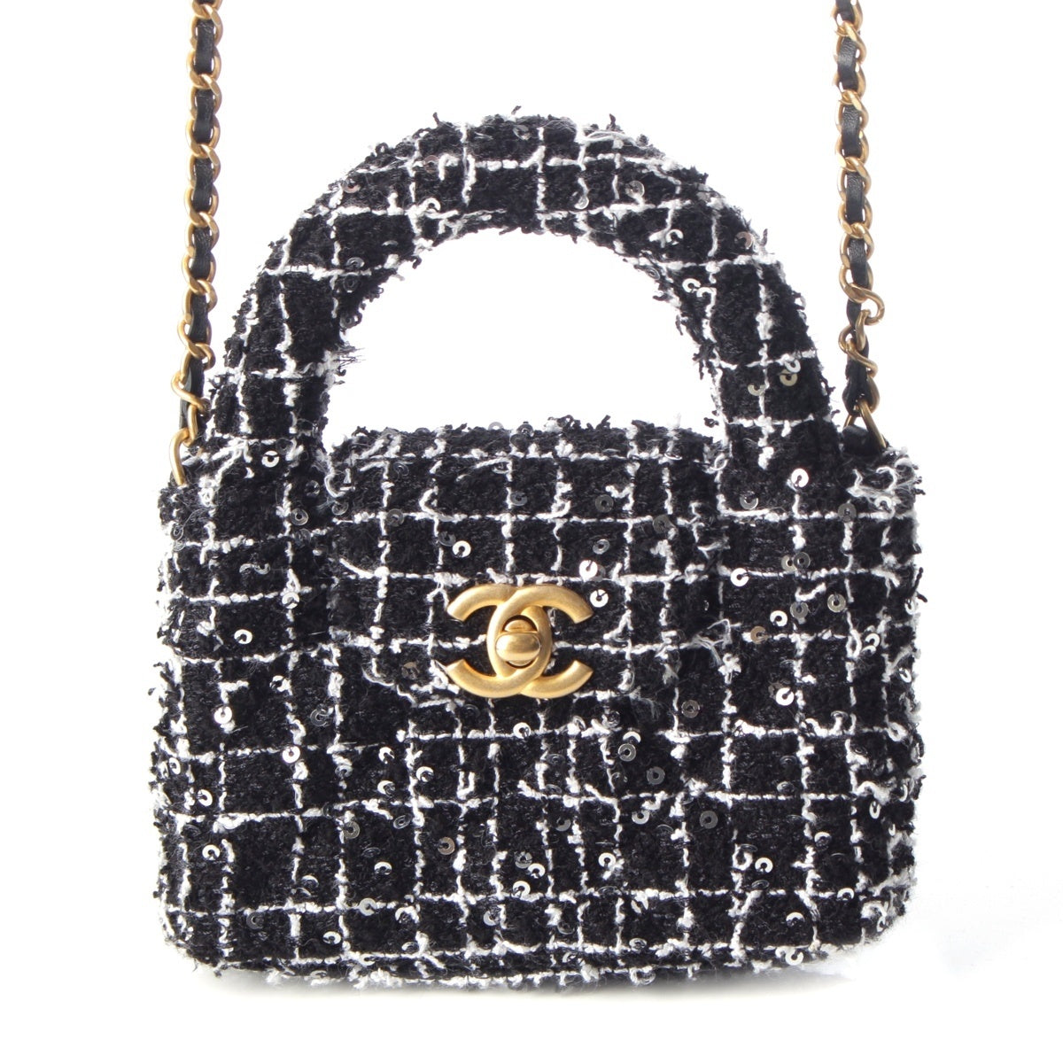 CHANEL tweed Sequin Mini Shopping Coco Handle Chain Shoulder Bag AP3435 Black White