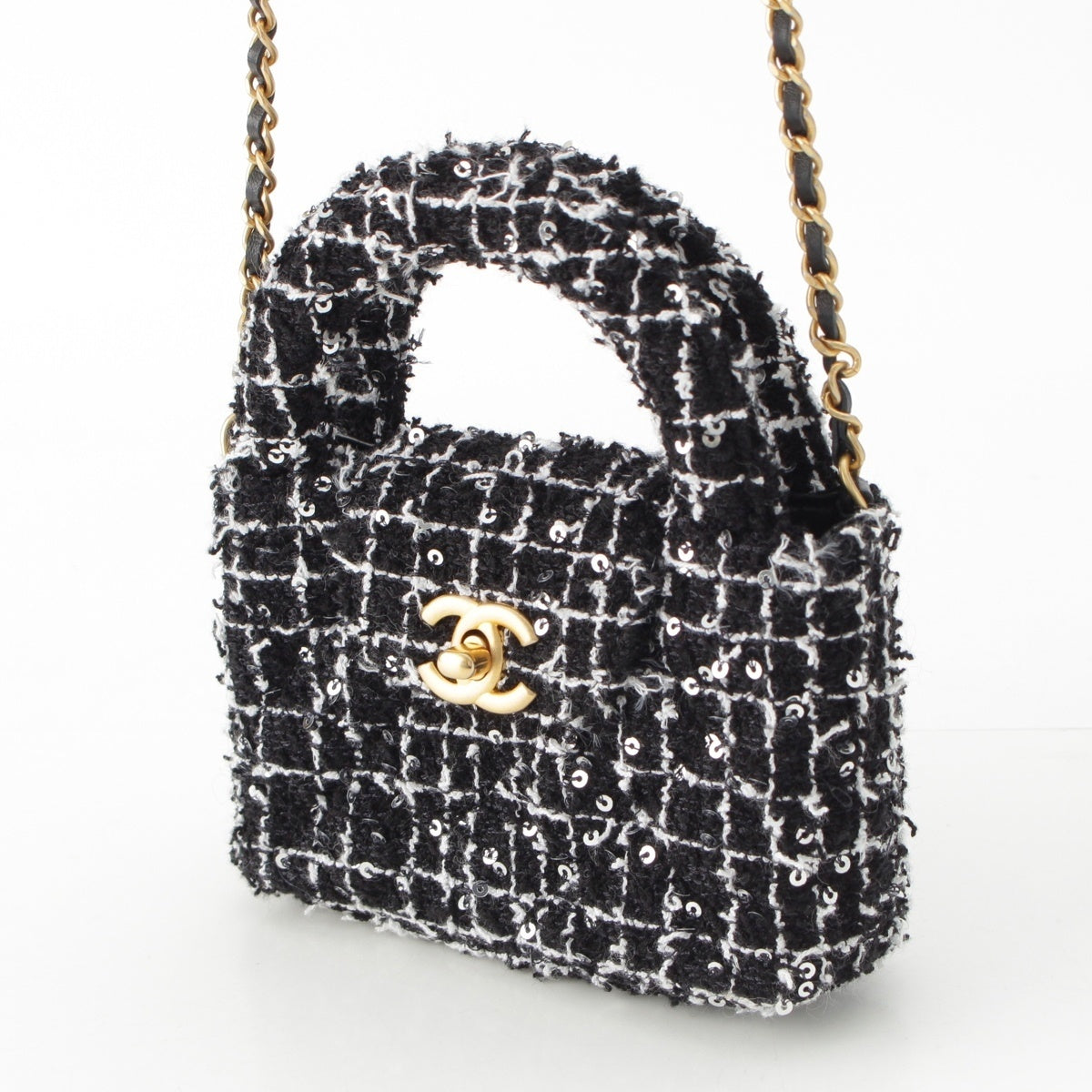 CHANEL tweed Sequin Mini Shopping Coco Handle Chain Shoulder Bag AP3435 Black White