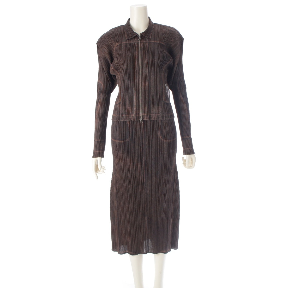 PLEATS PLEASE Leather transfer set zip-up shirt Skirt setup PP14-JC463、PP14-JG467 Brown 3、1