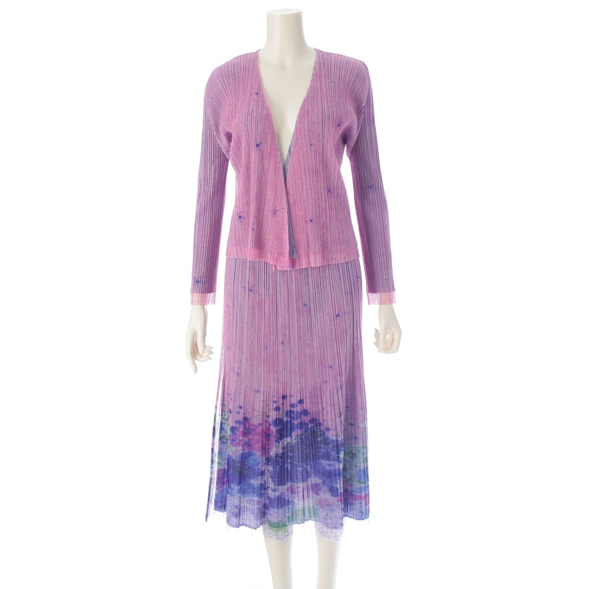 PLEATS PLEASE Water Lily Cardigan Blouse Skirt setup Floral PP51-JO544、PP51-JG545 purple 3、1