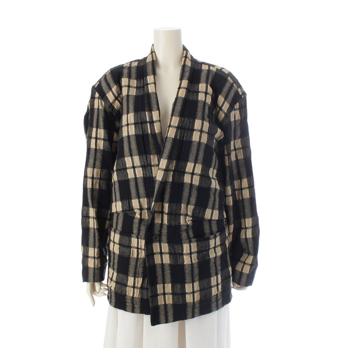 ISSEY MIYAKE Wool x linen Check Pattern Oversized tailored jacket Black x beige M