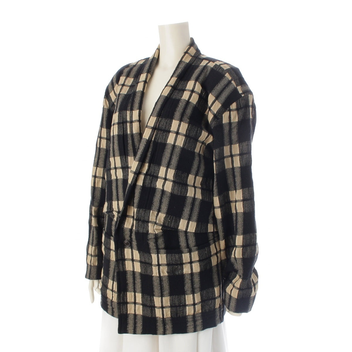 ISSEY MIYAKE Wool x linen Check Pattern Oversized tailored jacket Black x beige M