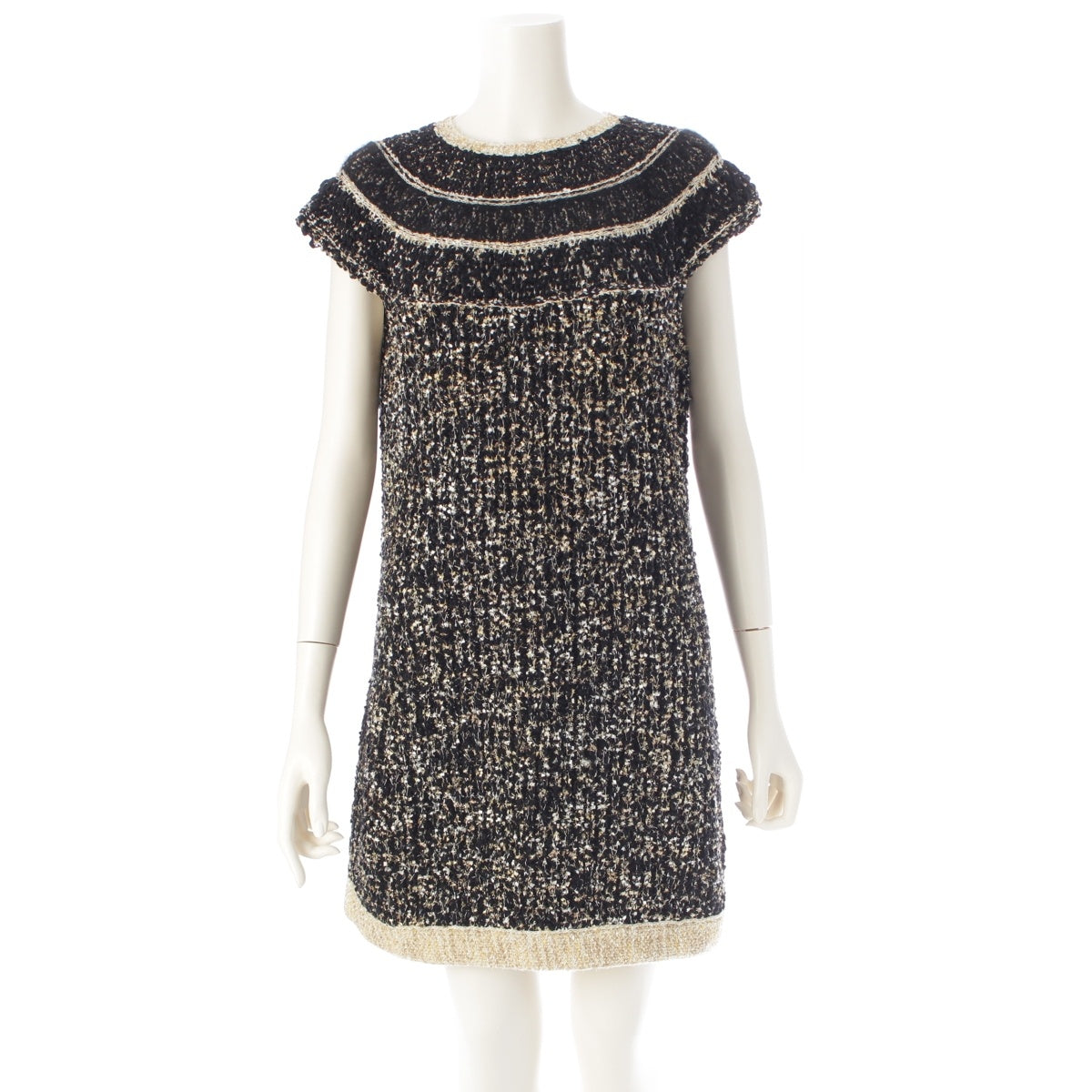 CHANEL Tweed and Egyptian Button Knit one piece dress Black gold 38