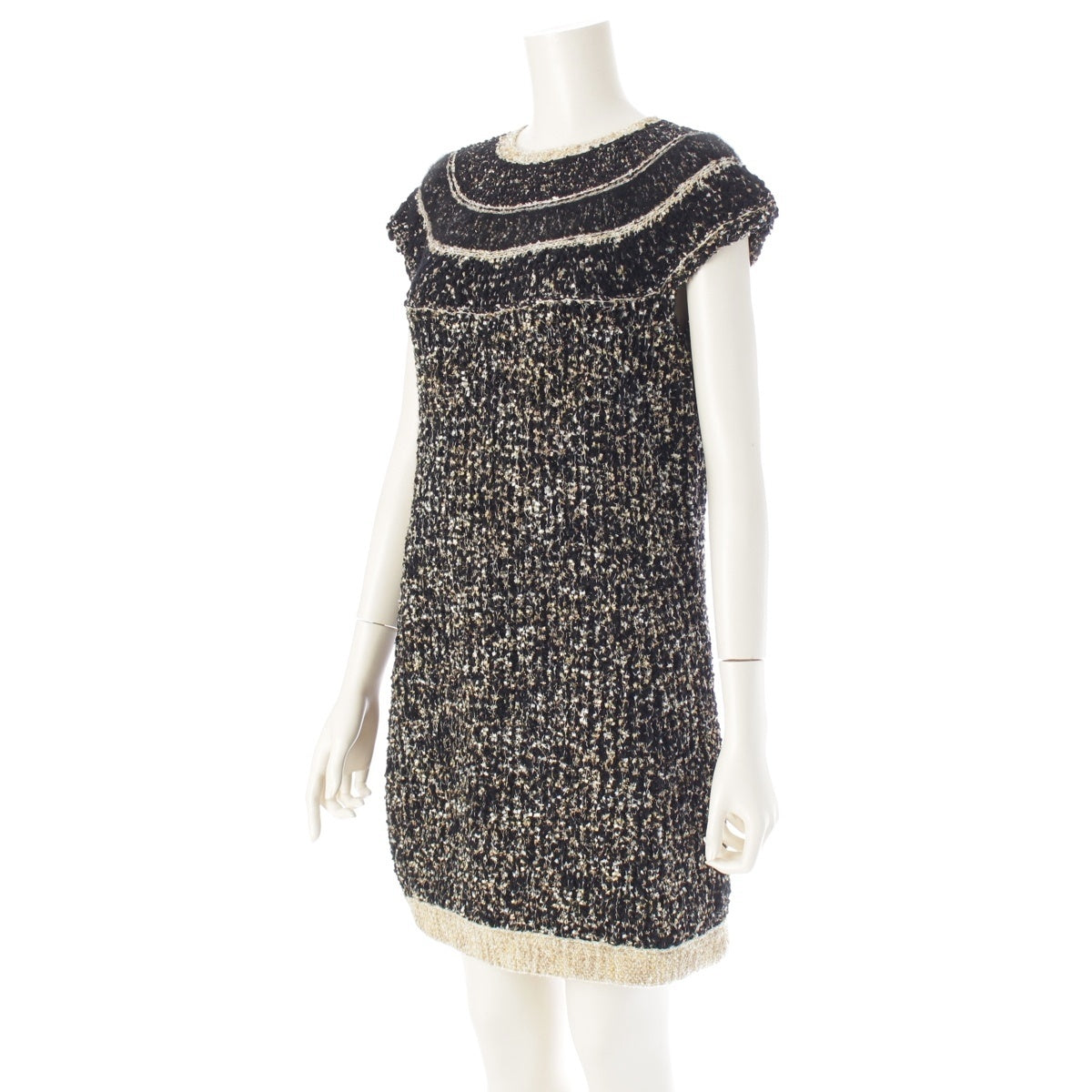 CHANEL Tweed and Egyptian Button Knit one piece dress Black gold 38
