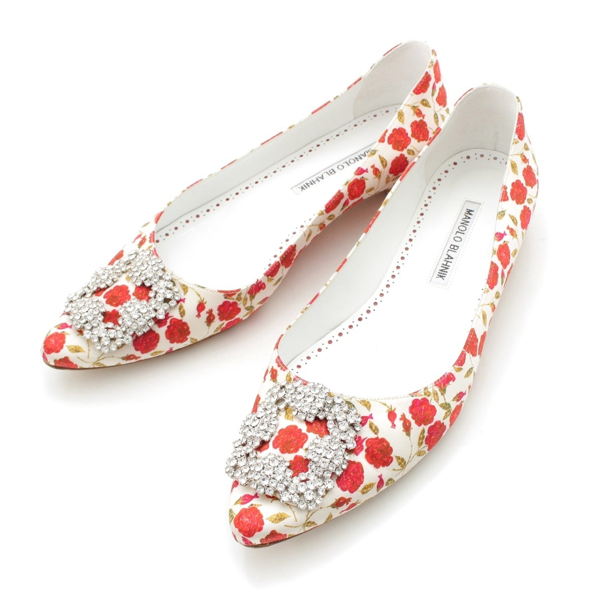 MANOLO BLAHNIK Satin Hangisi Jewel Buckle Rose All-Over Print Flats pumps White red 38 1/2