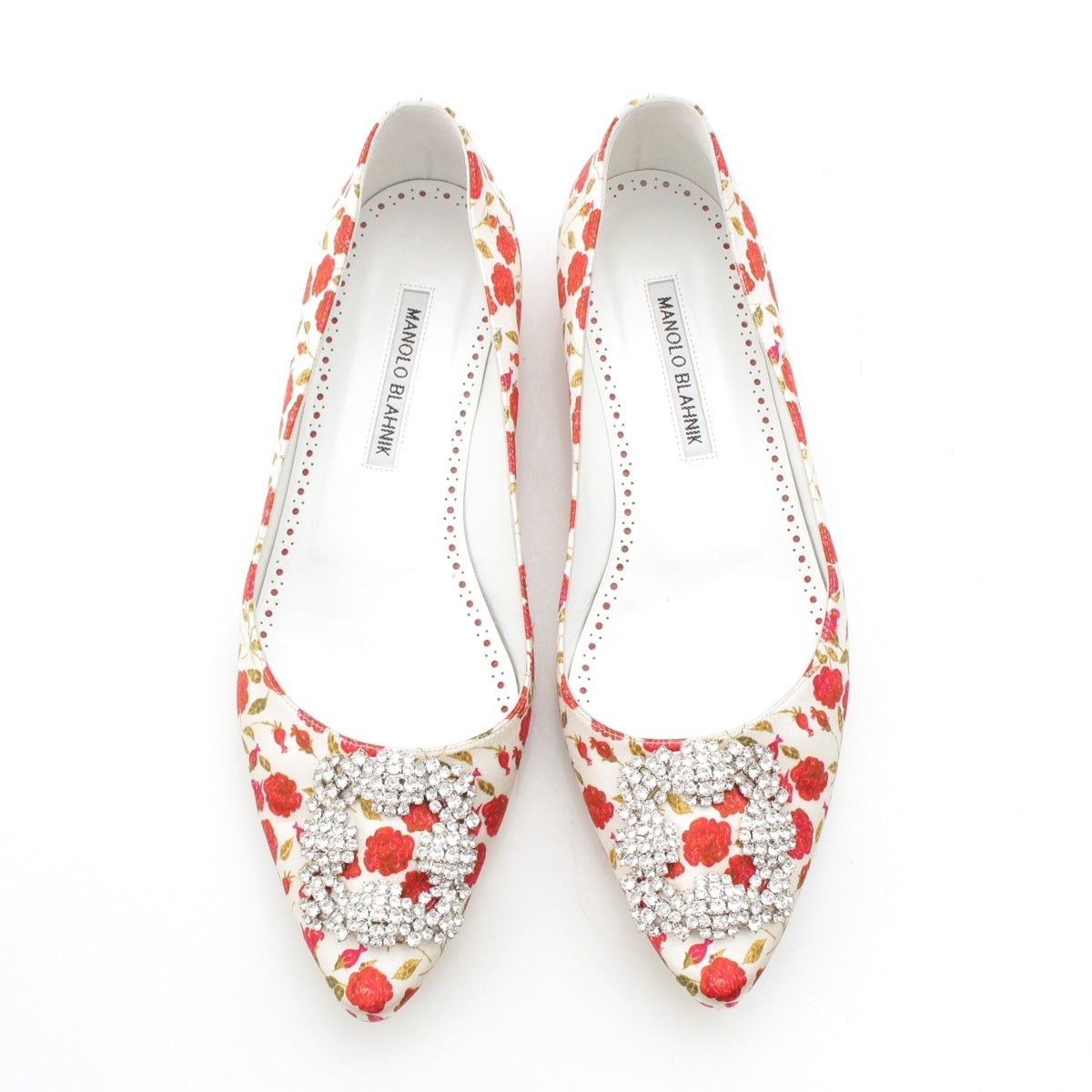 MANOLO BLAHNIK Satin Hangisi Jewel Buckle Rose All-Over Print Flats pumps White red 38 1/2