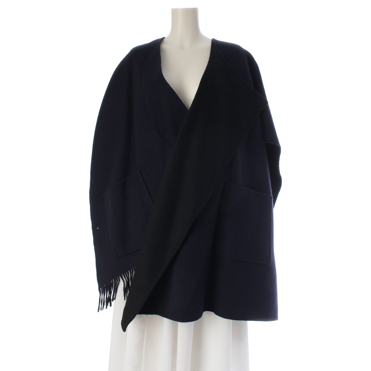 Drawer wool Fringe reversible two-tone poncho Wrap Cape Coat Tops 6525-299-0881 Navy black