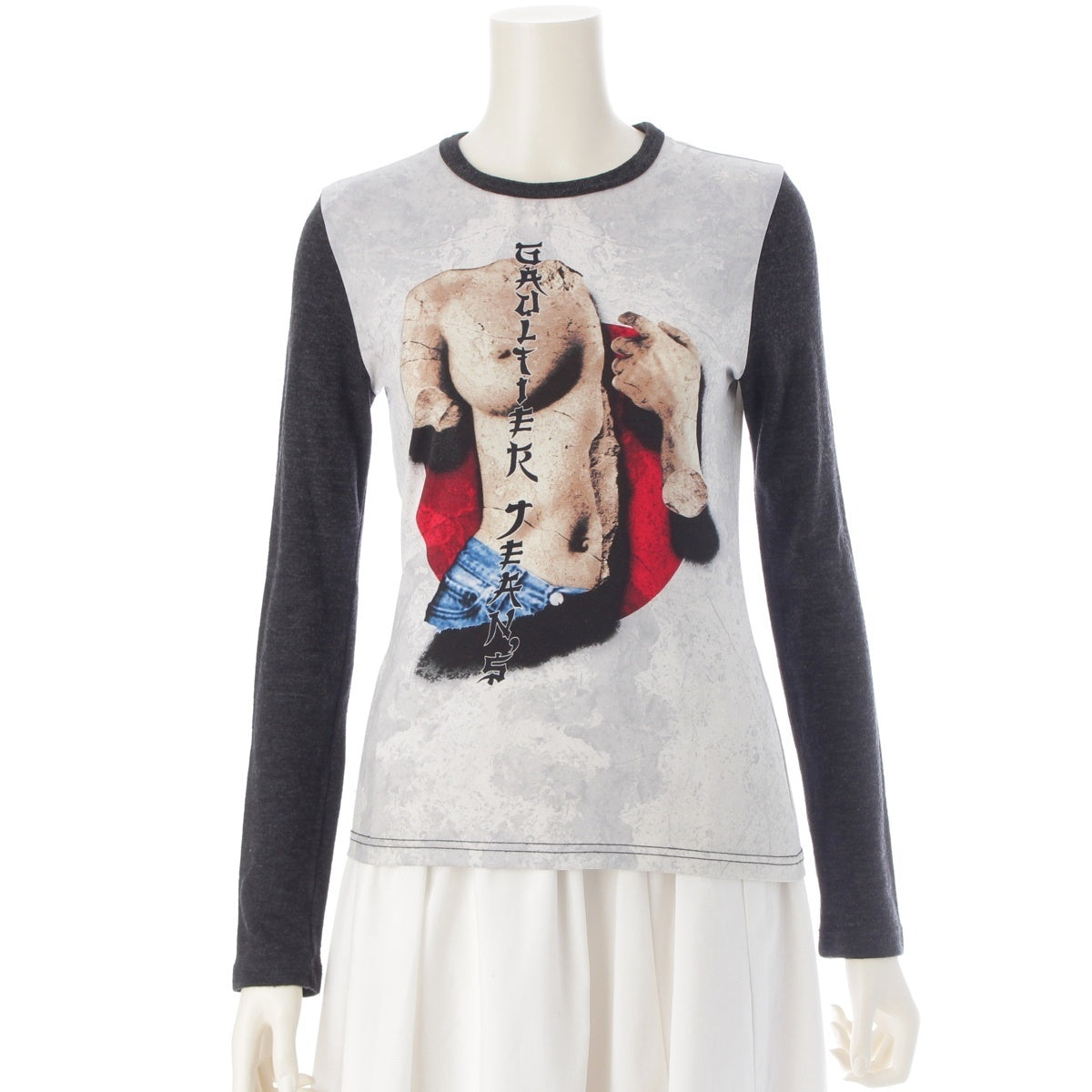 JEAN-PAUL GAULTIER acrylic wool Jeans with Kanji Print Long-sleeved T-shirt tops Black x white 40