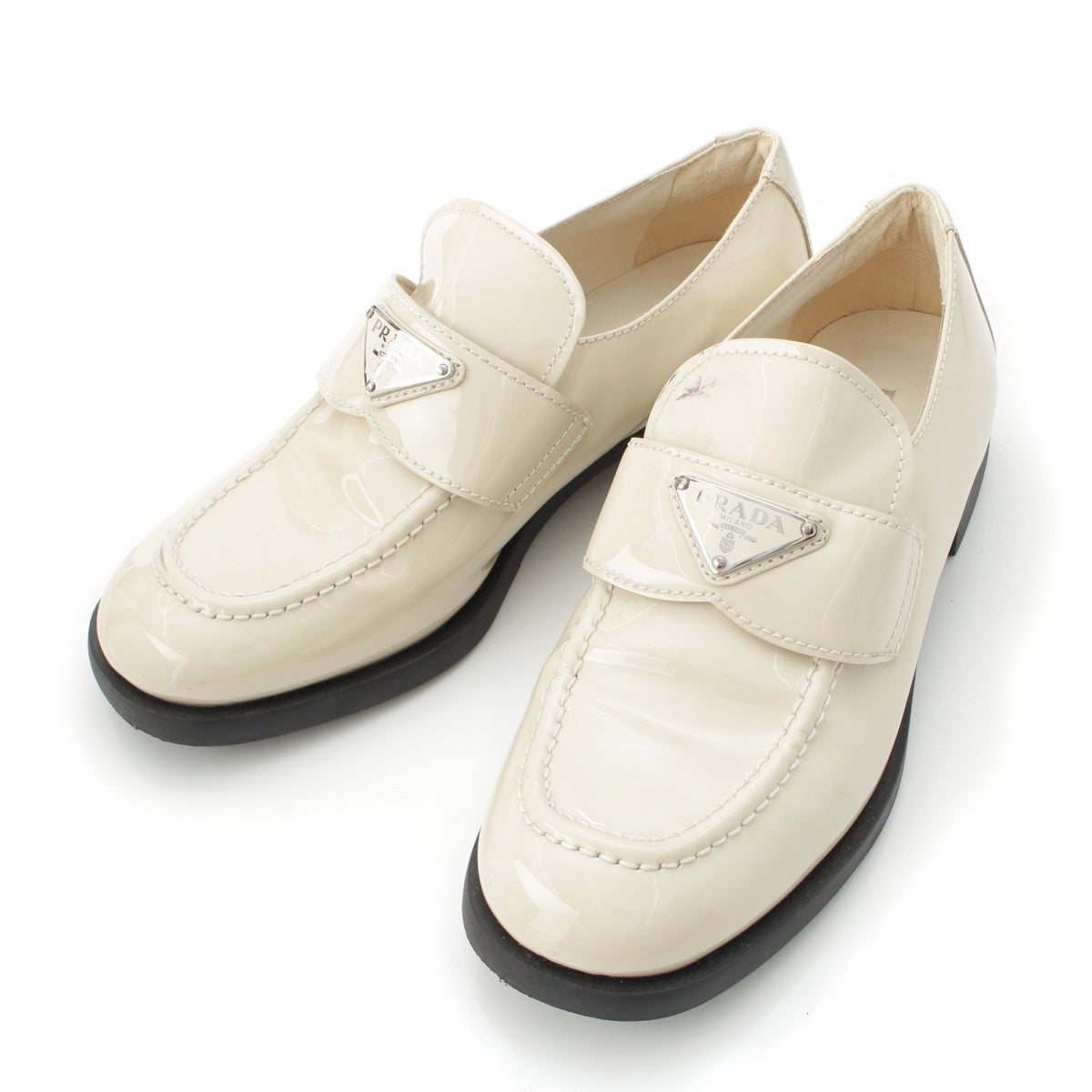 PRADA Patent leather Triangle Logo Chocolate Brushed loafers off white 37