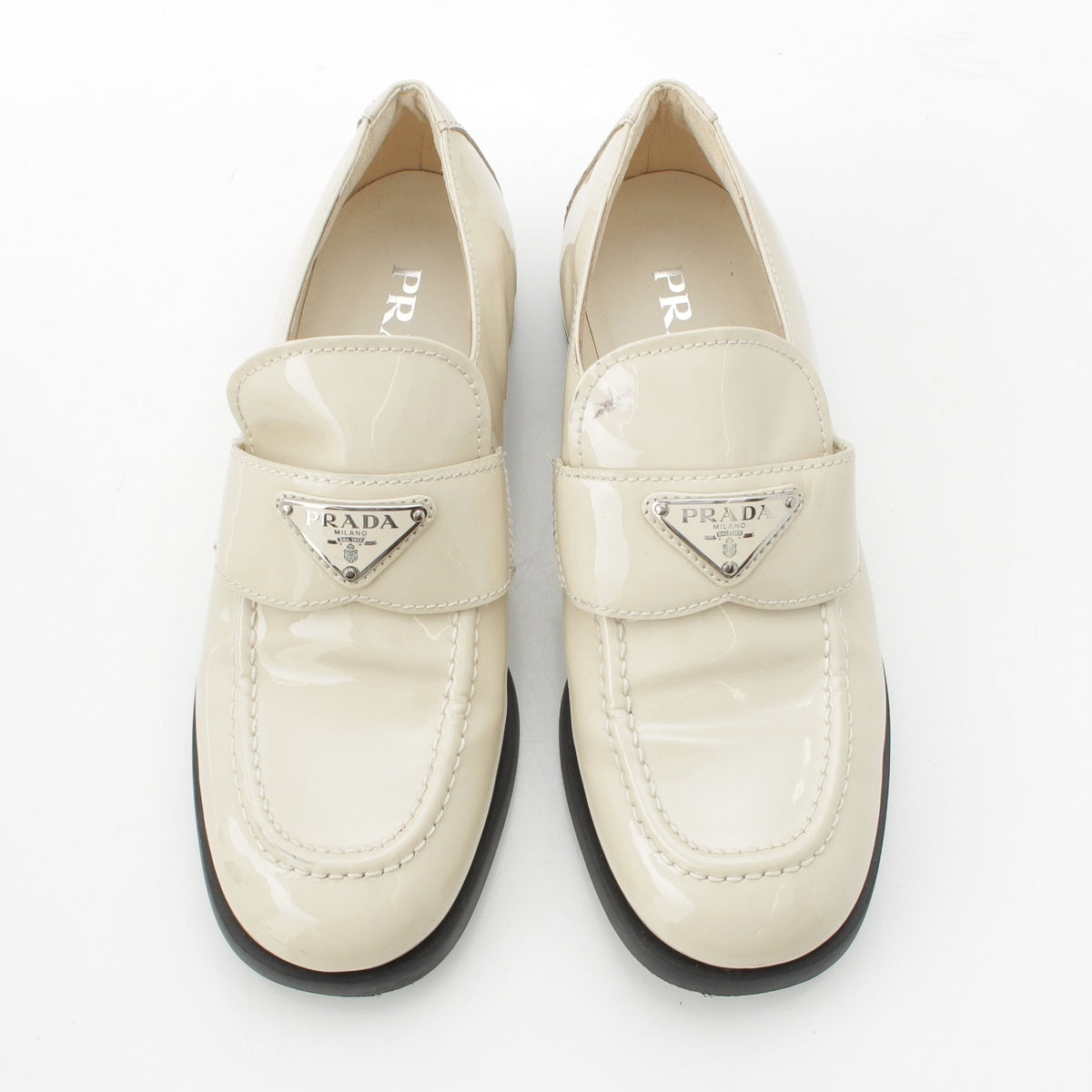 PRADA Patent leather Triangle Logo Chocolate Brushed loafers off white 37