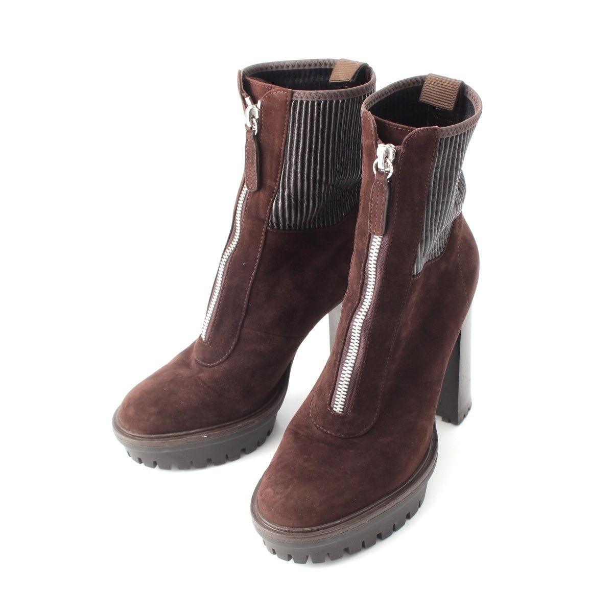 Gianvito Rossi MASON Lug sole suede Center zip Booties high heels boots shoes Brown 36