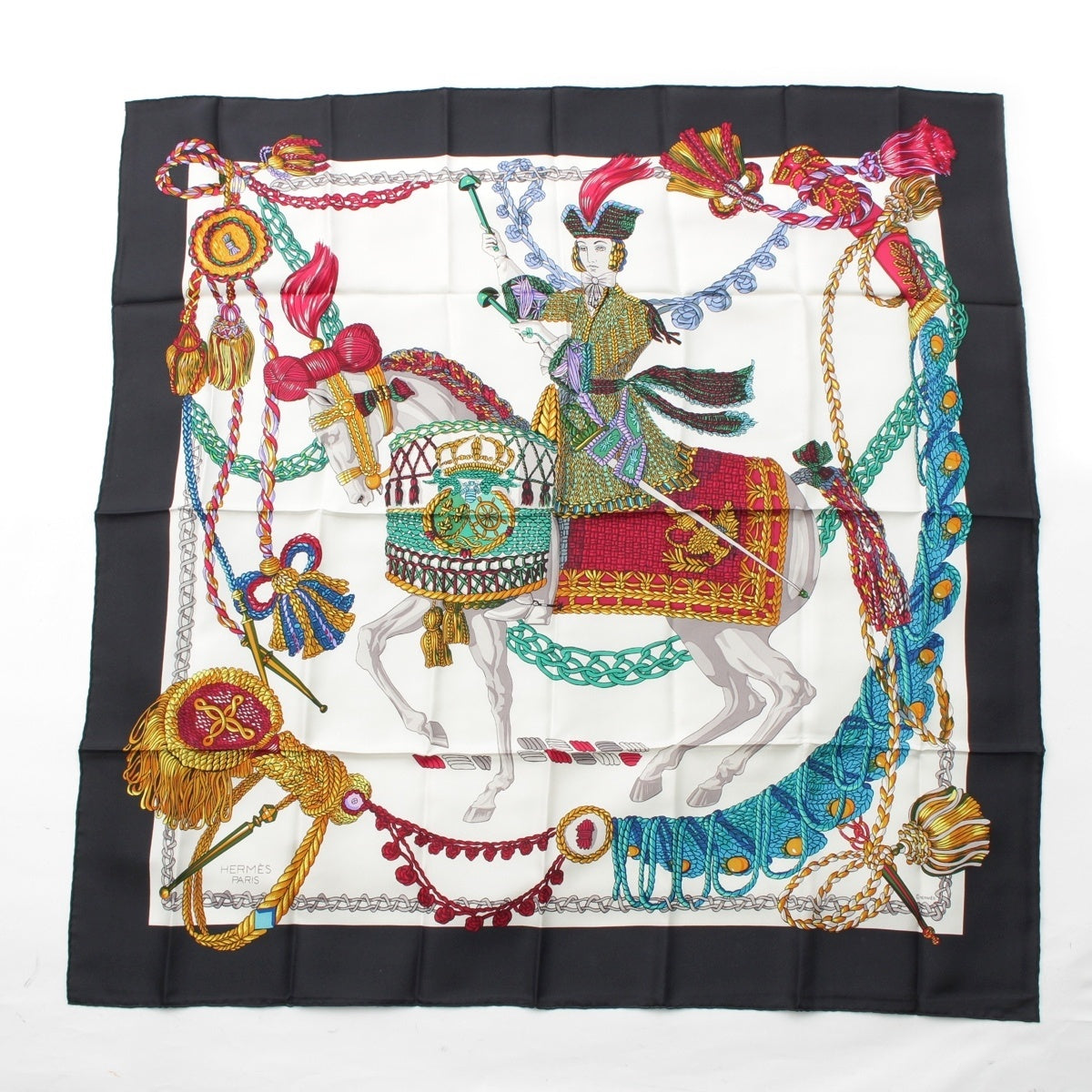 HERMES Carre 90 Le Timbalier Timpanist silk scarf black
