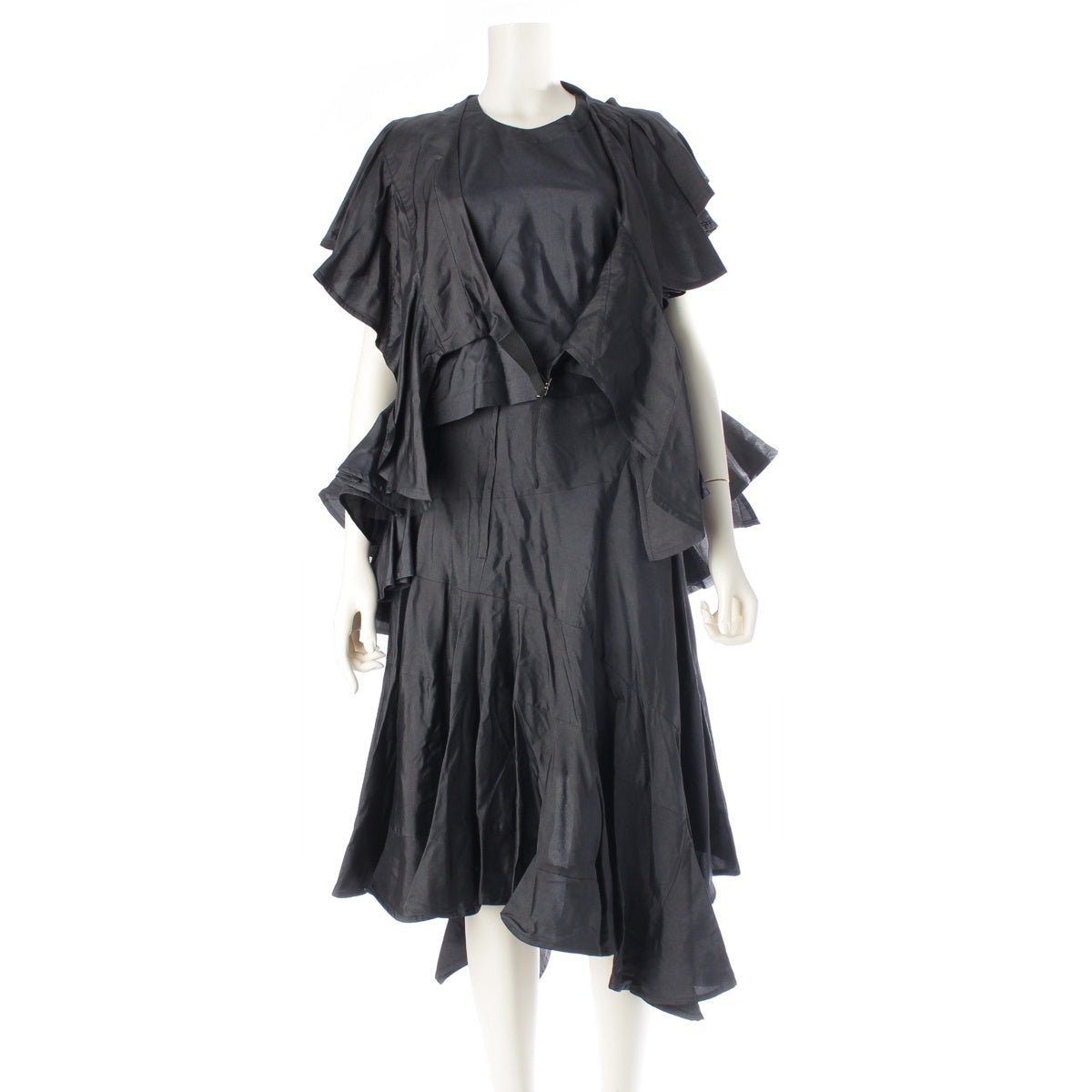 COMME des GARCONS NOIR noir silk Ruffled, irregular silk collared 3-piece set Skirt setup black M