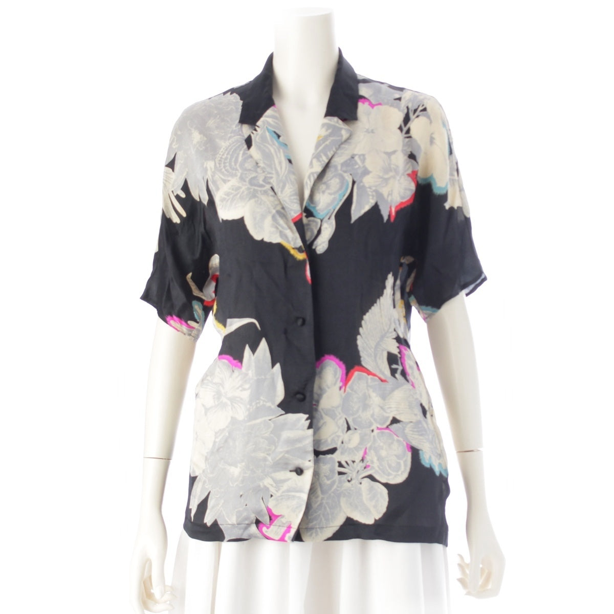 ISSEY MIYAKE 70s 1979 Early tag TADANORI YOKOO Tadanori Yokoo Graphics silk flower pattern Short sleeve shirt Plane Pattern Black multicolor 9