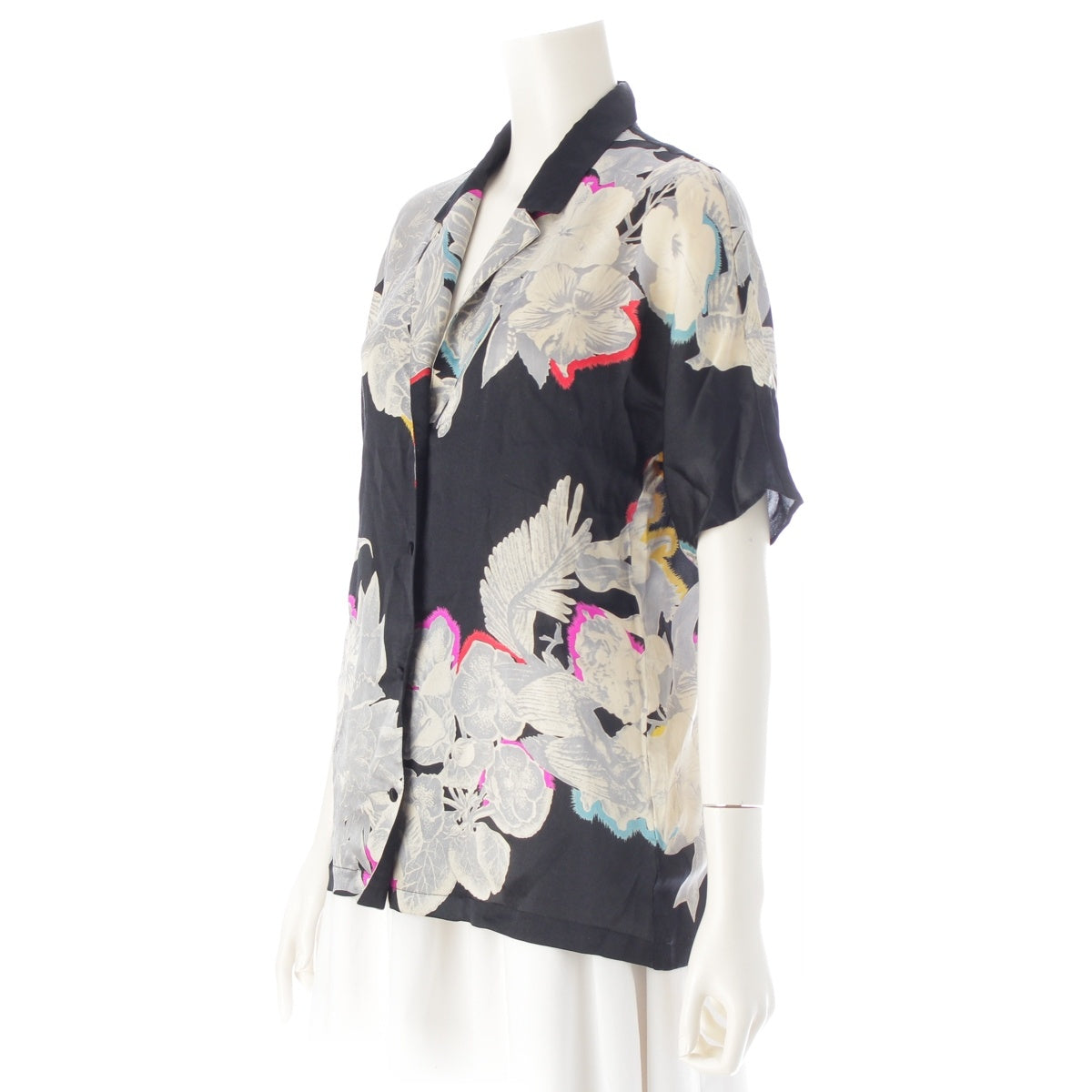 ISSEY MIYAKE 70s 1979 Early tag TADANORI YOKOO Tadanori Yokoo Graphics silk flower pattern Short sleeve shirt Plane Pattern Black multicolor 9