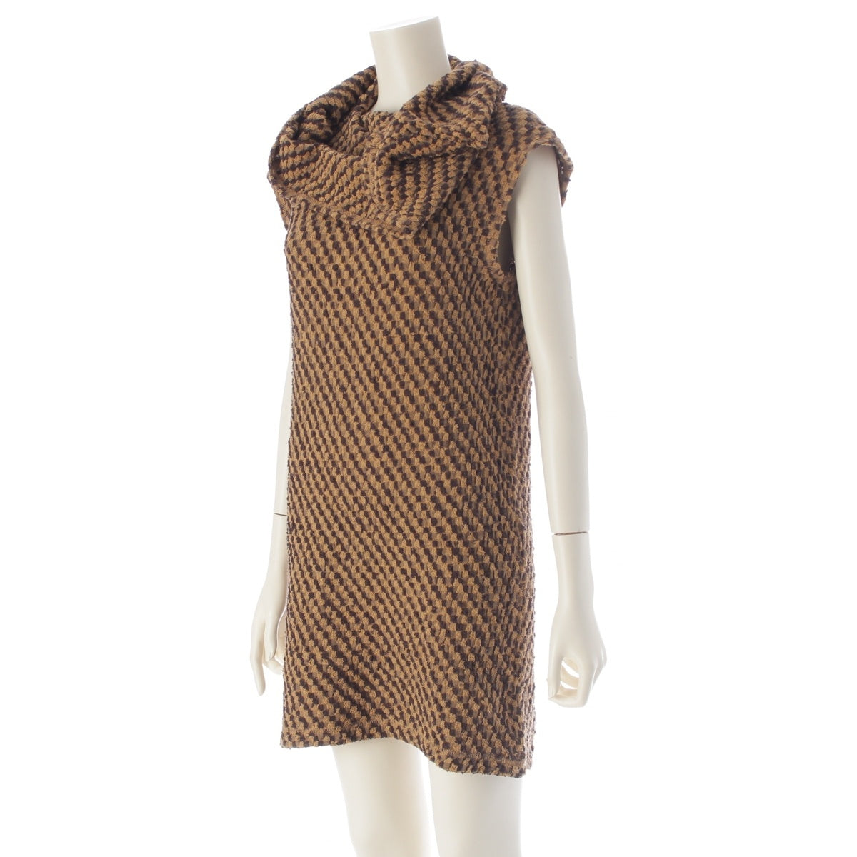 ISSEY MIYAKE cotton Brush tag deformation plane hooded knit one piece Brown beige 9