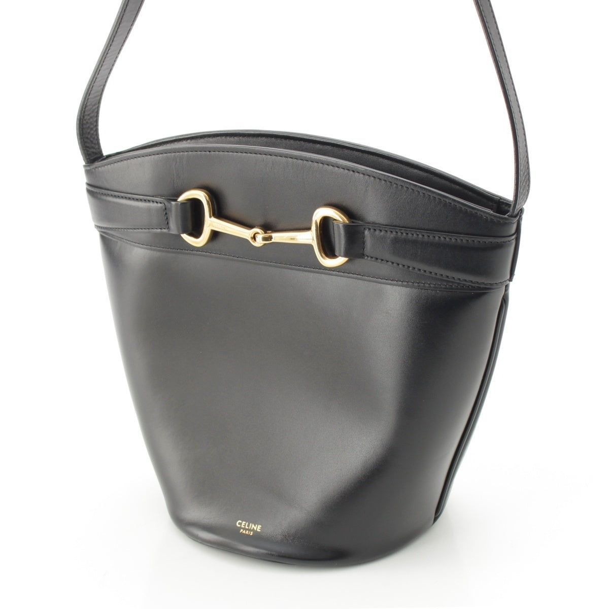 CELINE Crécy leather Horsebit bucket Shoulder Bag Gold Metal black