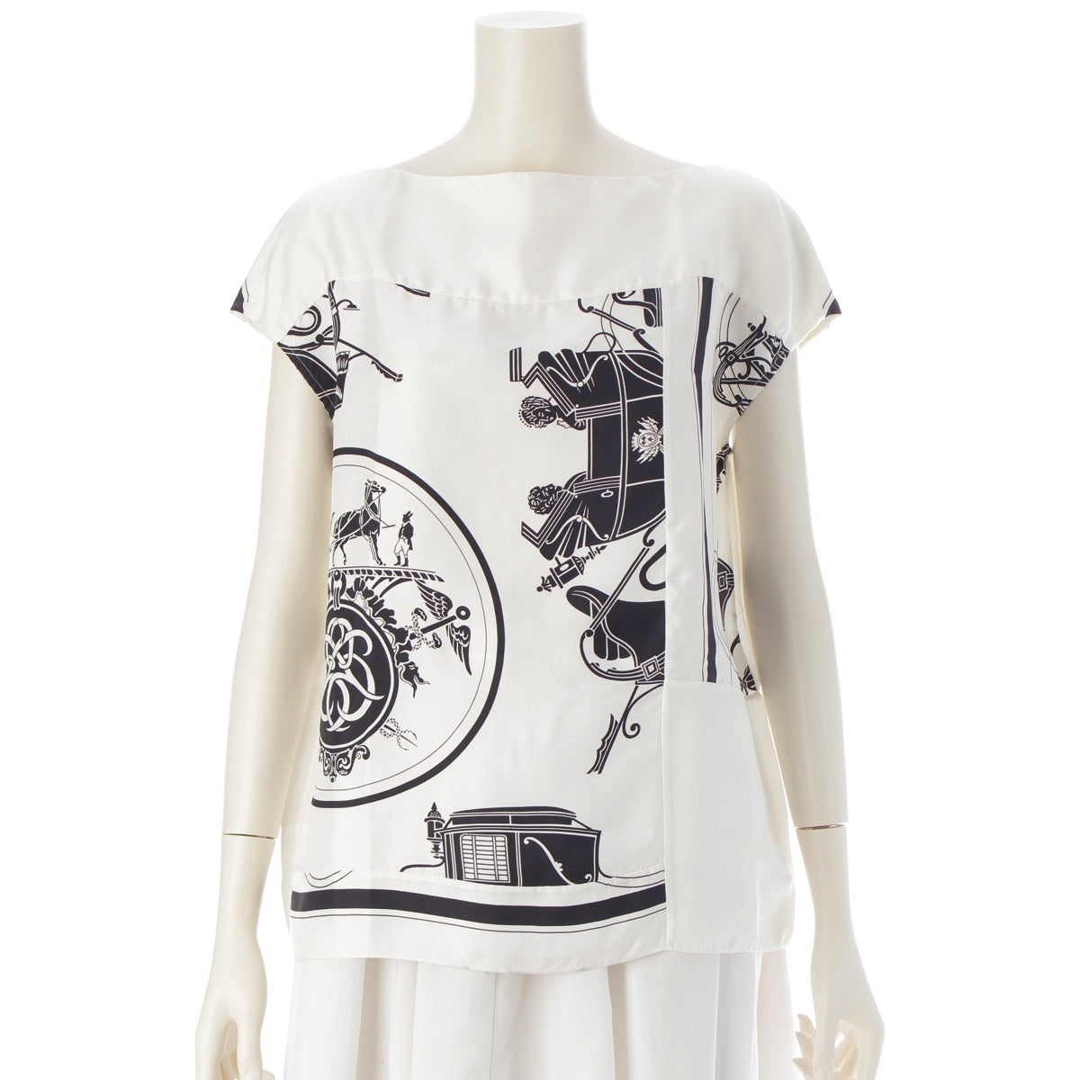 HERMES silk Twill Laine BRIDES de GALA Ceremonial Bridle Sleeveless Shirt blouse tops Ivory 34