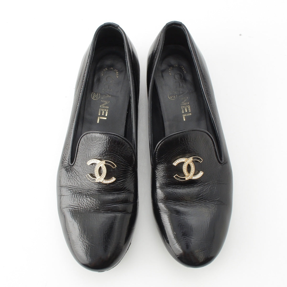 CHANEL patent COCO Mark Flat loafers shoes G33948 black 37.5C