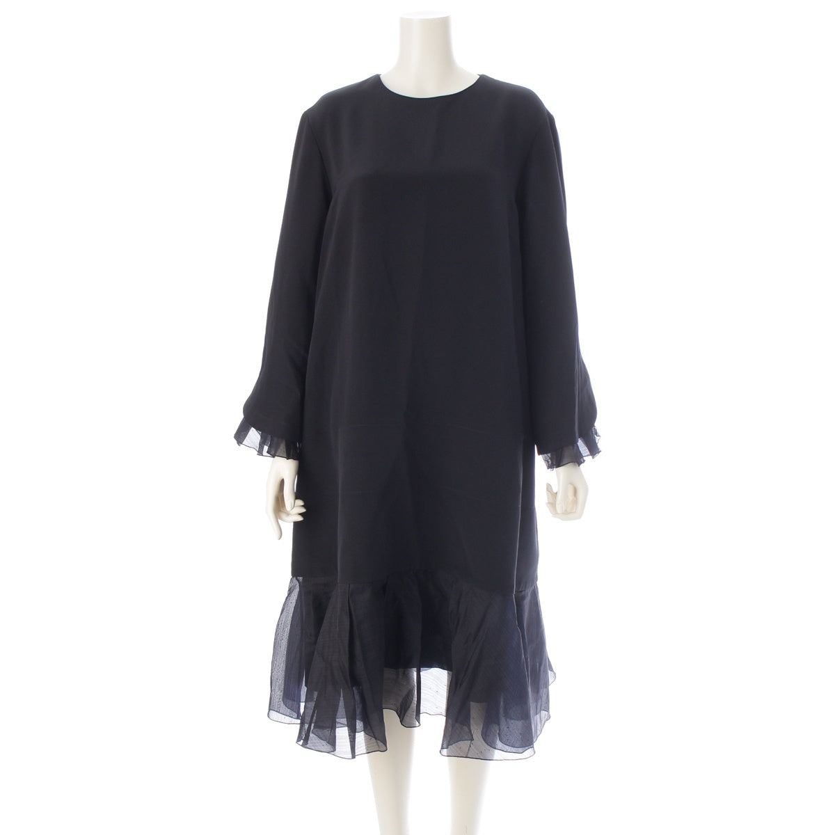 Drawer silk Ruffle Layered Long Sleeve Long one piece dress 6526-299-1492 black 36
