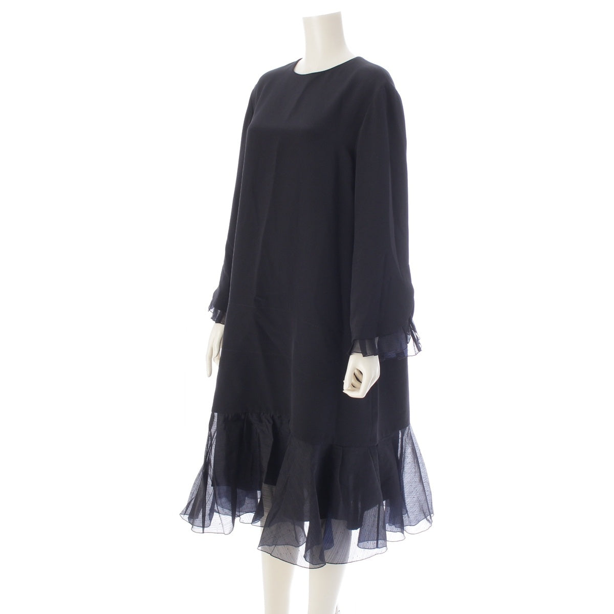Drawer silk Ruffle Layered Long Sleeve Long one piece dress 6526-299-1492 black 36