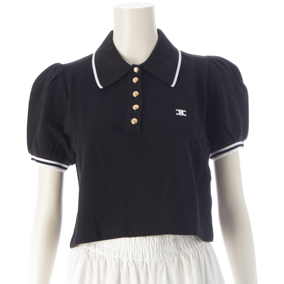 CELINE cotton Triomphe embroidery, puff sleeves, gold buttons Polo shirt 2X29E043F black S