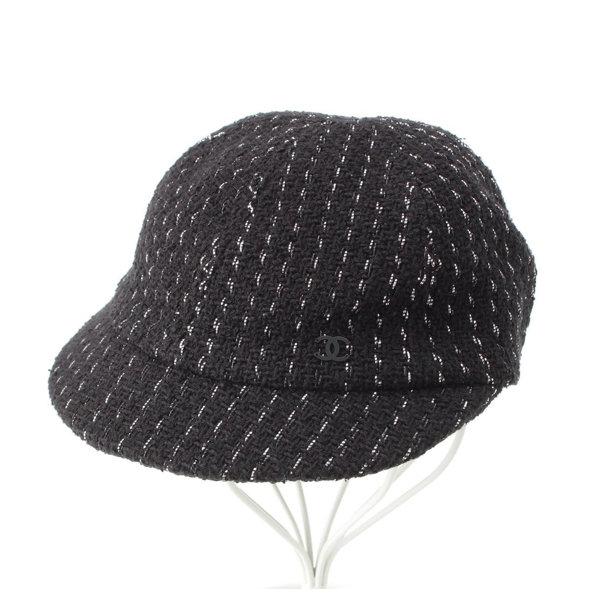 CHANEL cotton Tweed COCO Mark Casquette hat Black x silver L