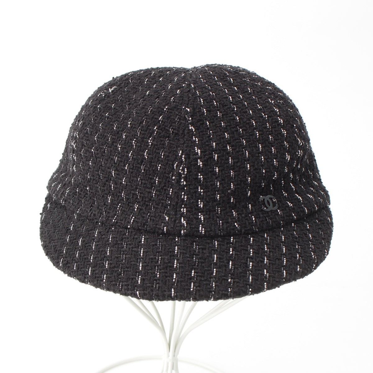 CHANEL cotton Tweed COCO Mark Casquette hat Black x silver L