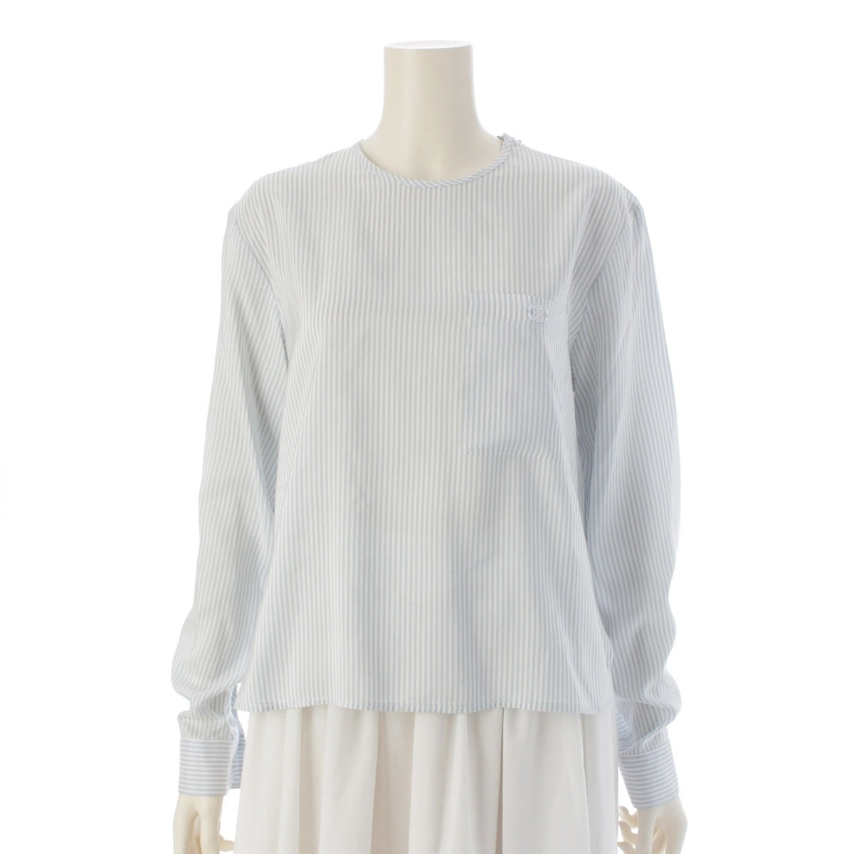 CELINE silk Triomphe embroidered striped pullover blouse Shirt tops 2B775945S White blue 36