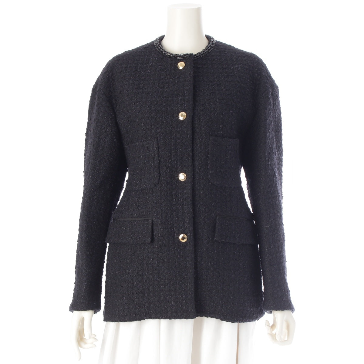 Drawer Wool Silk Cotton Beaded collarless tweed tailored jacket 6522-299-0775 black 36