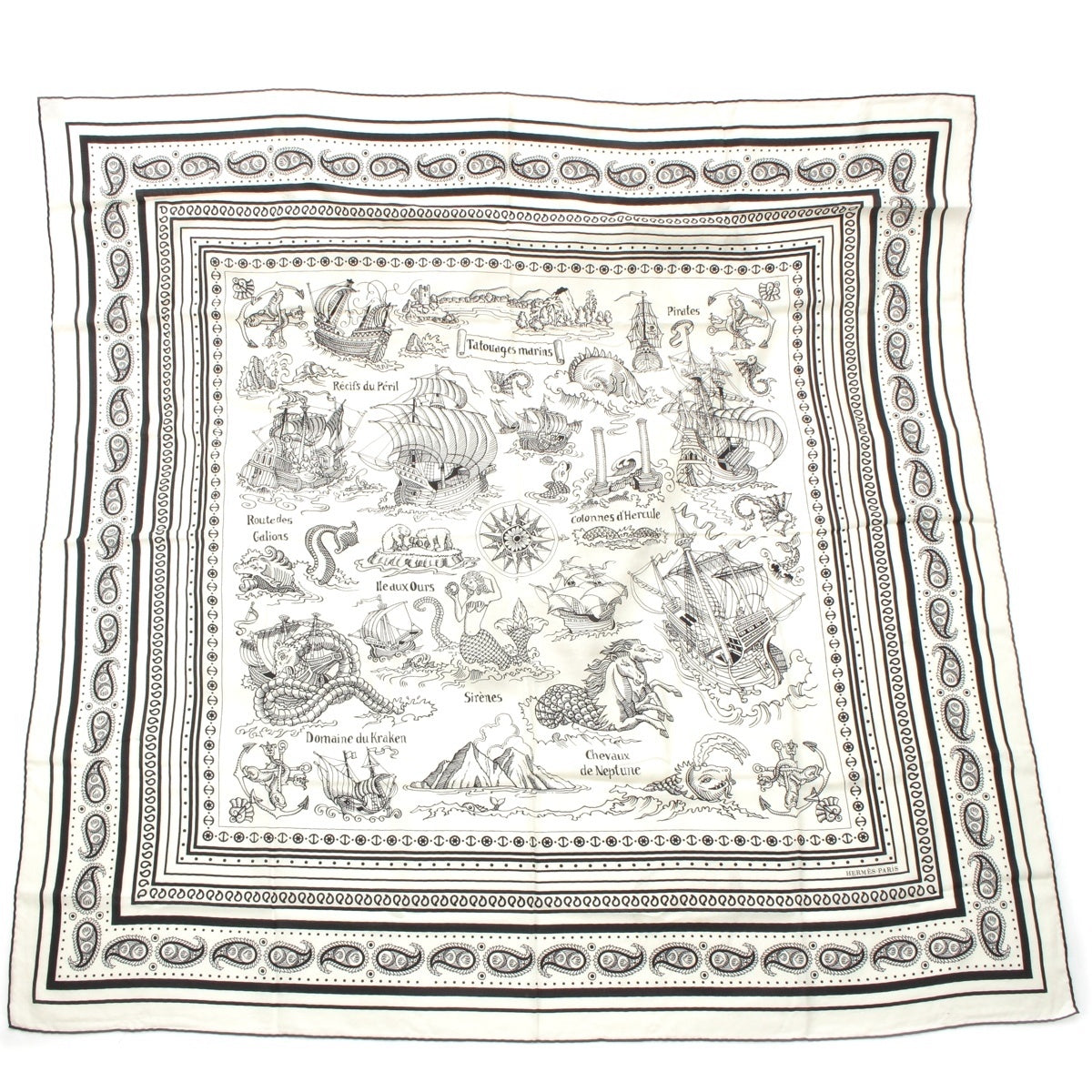HERMES cashmere silk Carre Jean Tatouages Marines Bandana Large Sailor Tattoo Bandana scarf white