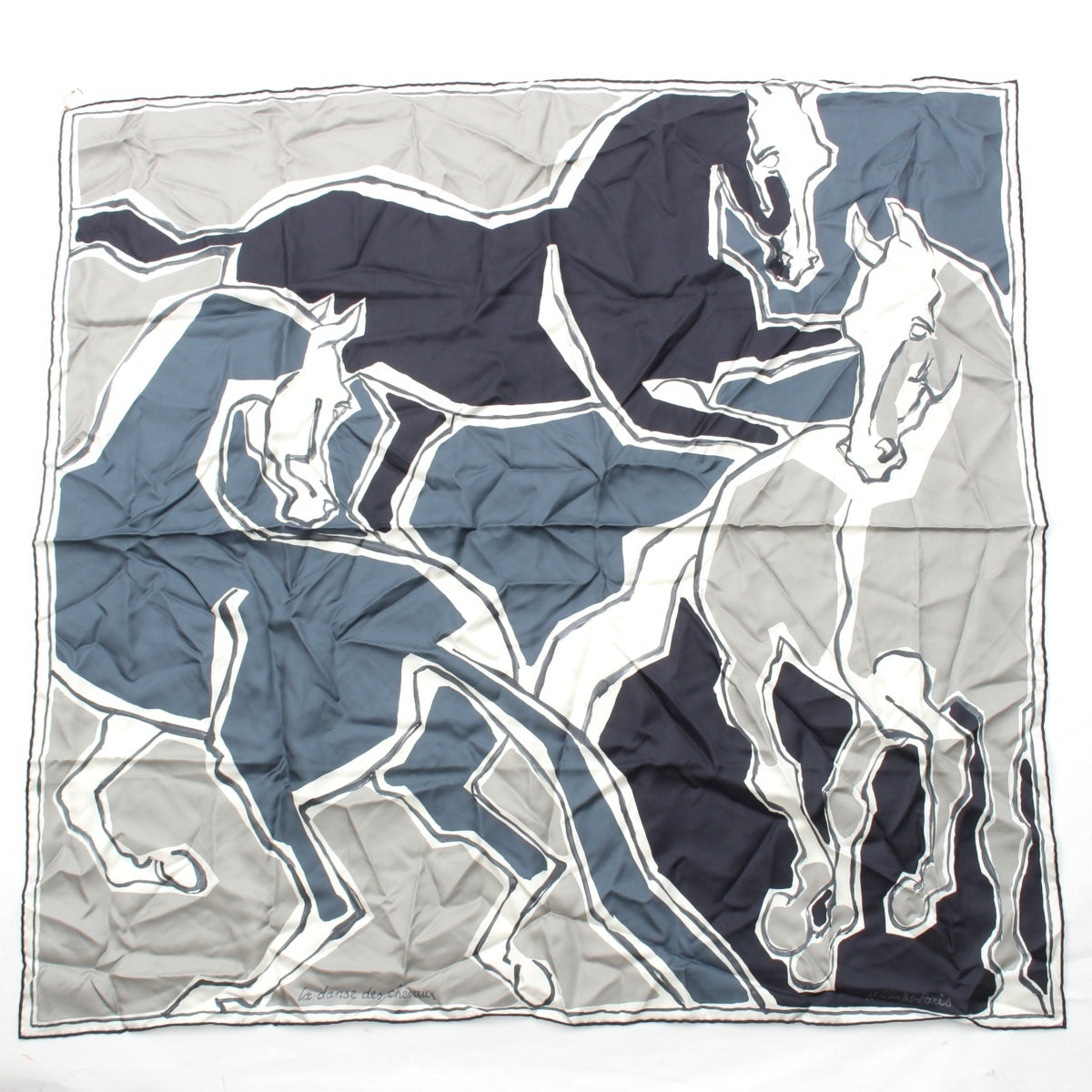 HERMES Calle 90 silk double face La Danse des Chevaux The Dance of the Horses scarf Navy