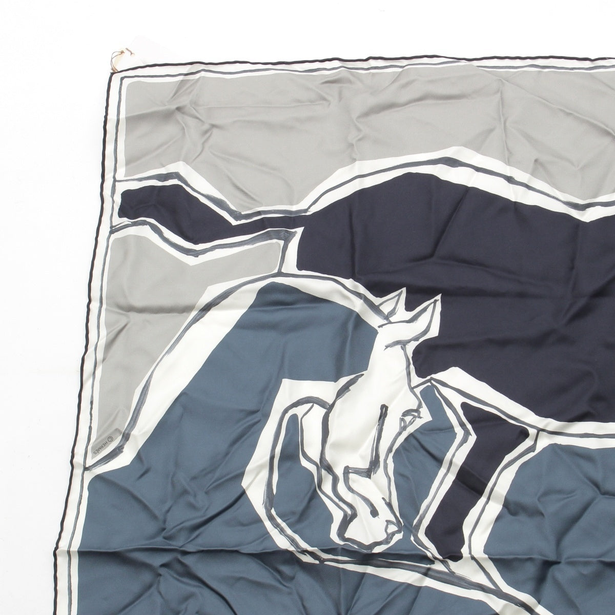 HERMES Calle 90 silk double face La Danse des Chevaux The Dance of the Horses scarf Navy