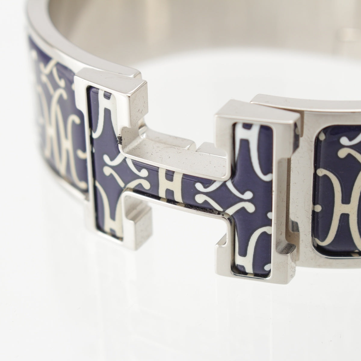 HERMES Enamel Click H Large Bracelet with All-Over Pattern Bangle Navy xSilver