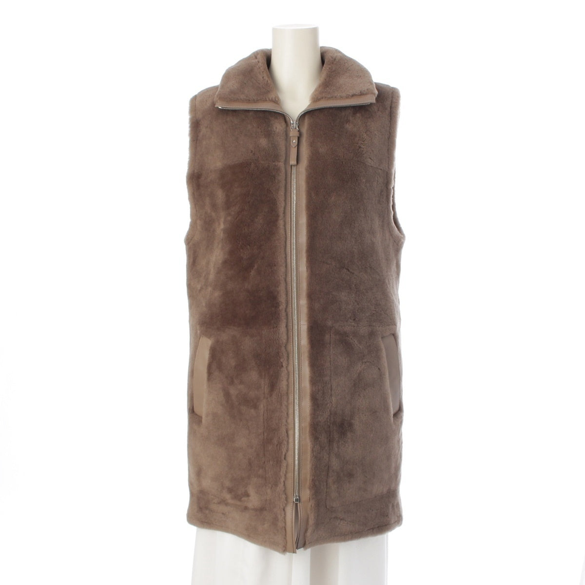 HERMES Lamb leather Long fur gilet with padding Best H4H1244D5 Brown 36