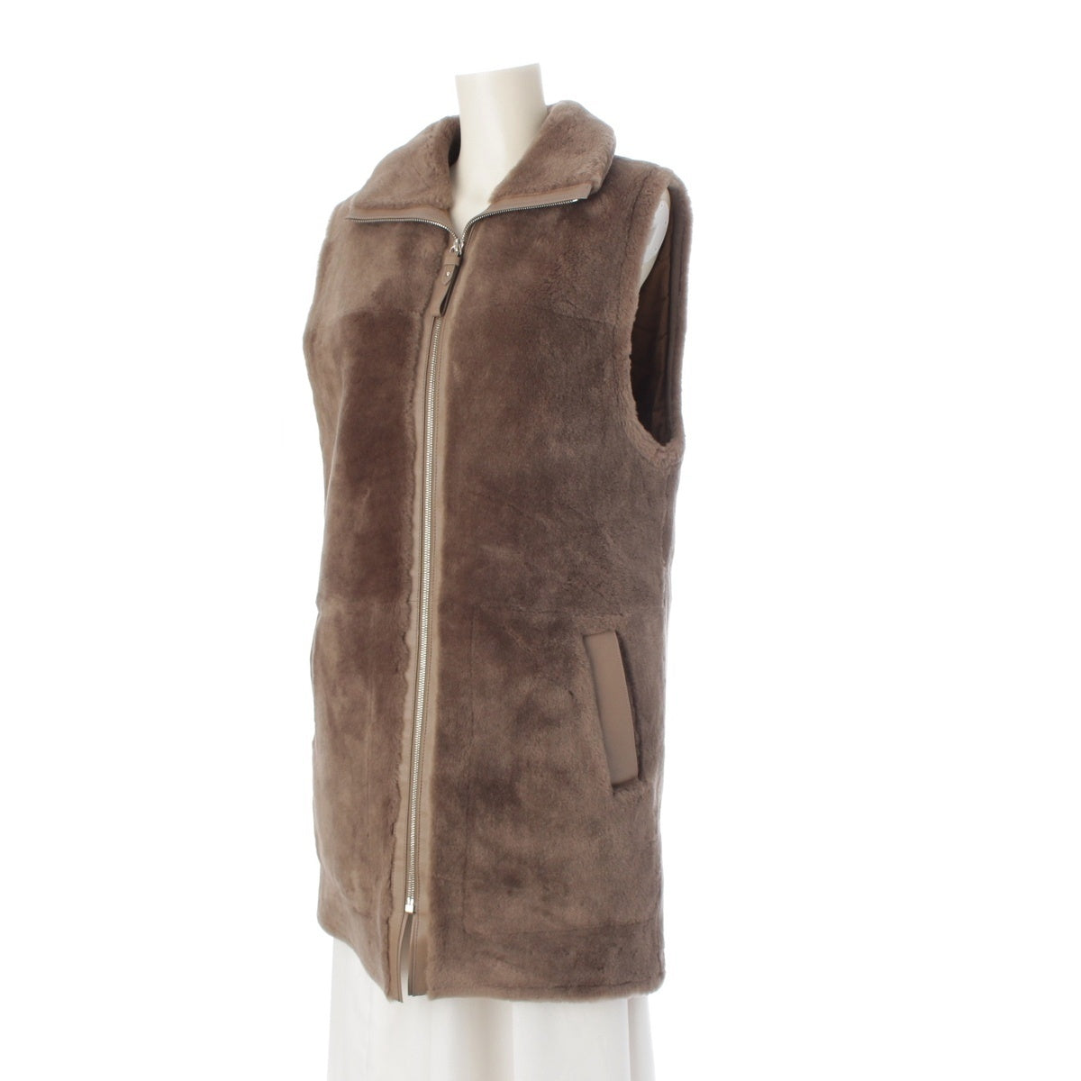 HERMES Lamb leather Long fur gilet with padding Best H4H1244D5 Brown 36