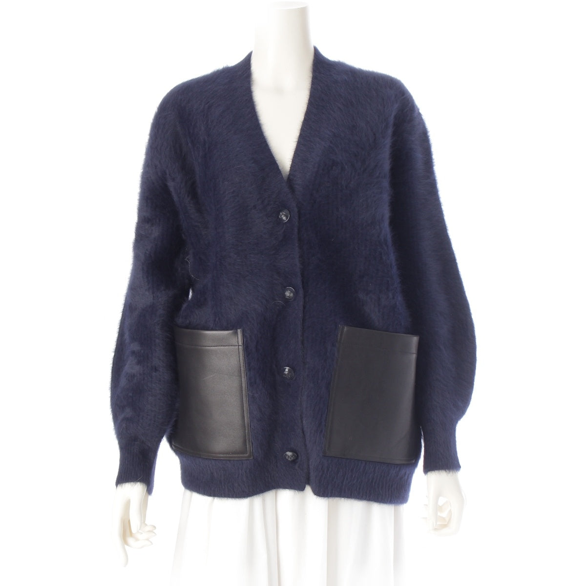 Drawer 7G Fox Fur Nylon Cashmere Lambskin Pocket knit cardigan Long sleeve 6515-199-0634 Navy