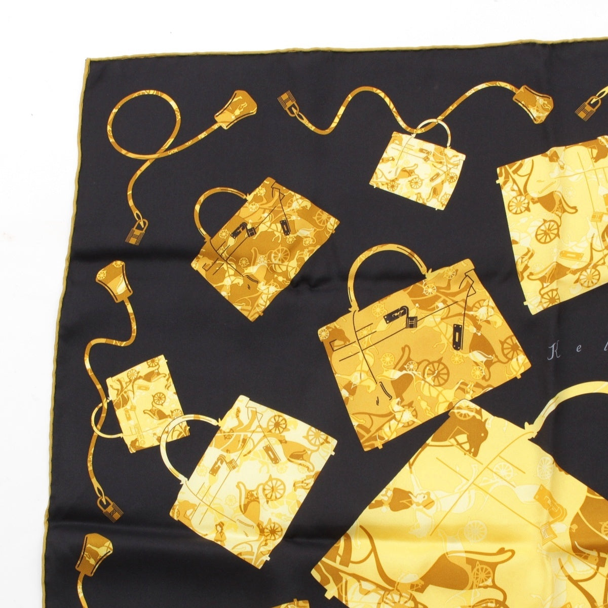 HERMES Carre 70 silk Kelly en Caleche scarf black