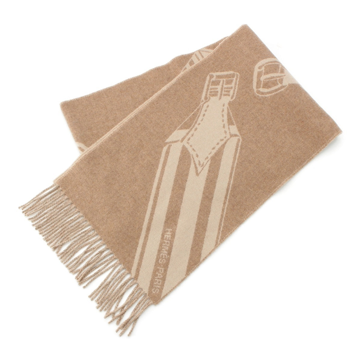 HERMES zigzag sangre cashmere fringe Scarf Chestnut glacé / Crè