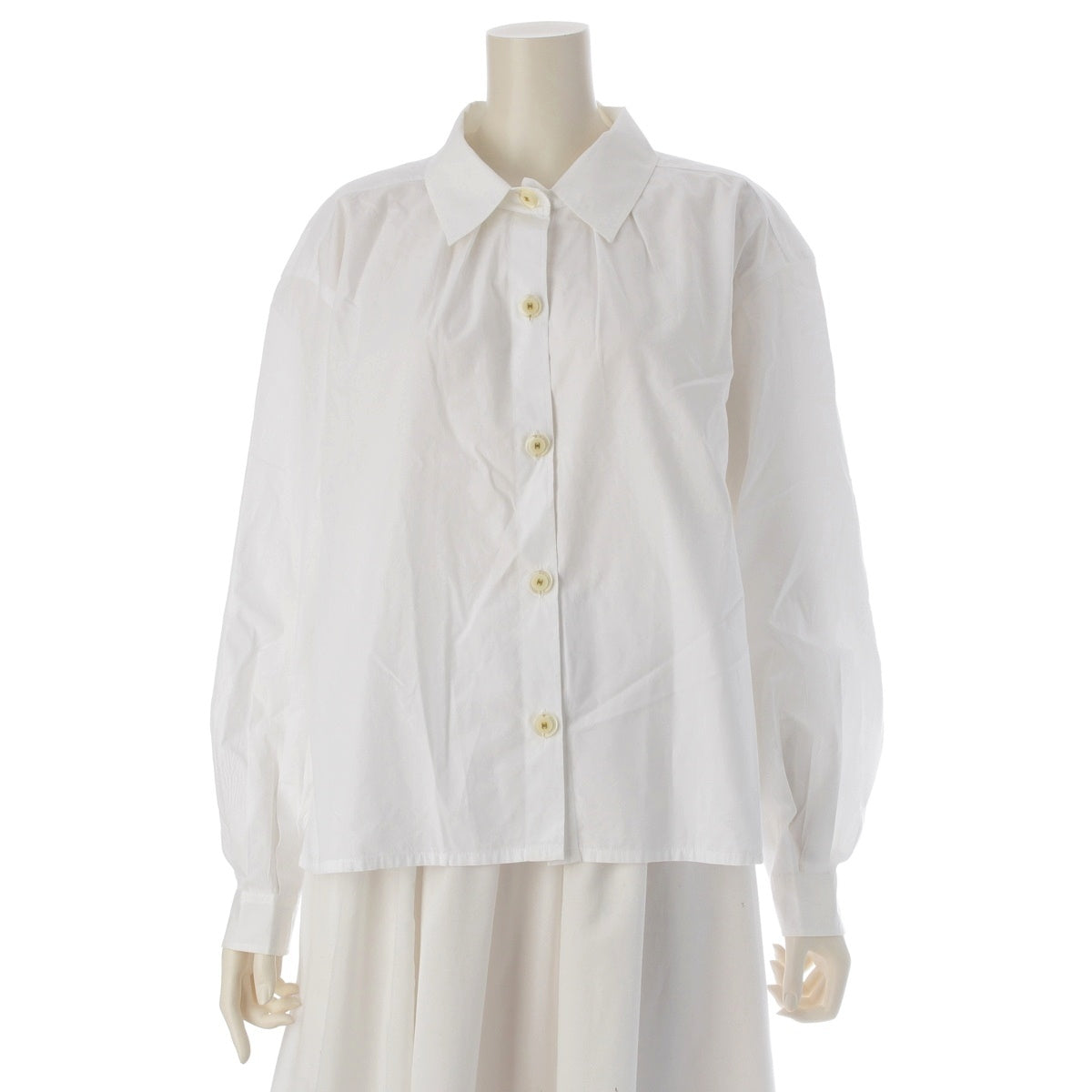 CHANEL Vintage COCO Mark Clear Button Neck Gathered Long sleeve shirt blouse tops white