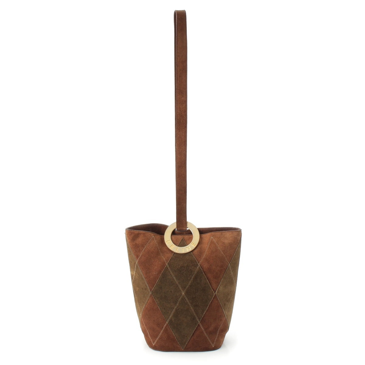 CELINE suede Circle Logo Bucket Shoulder Bag Brown