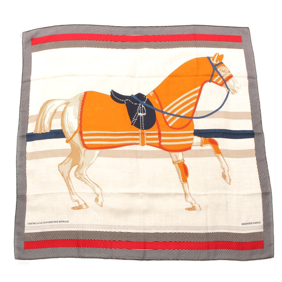 HERMES silk x cashmere Carre H 100 Horse Blanket Spiral scarf Beige x orange x red